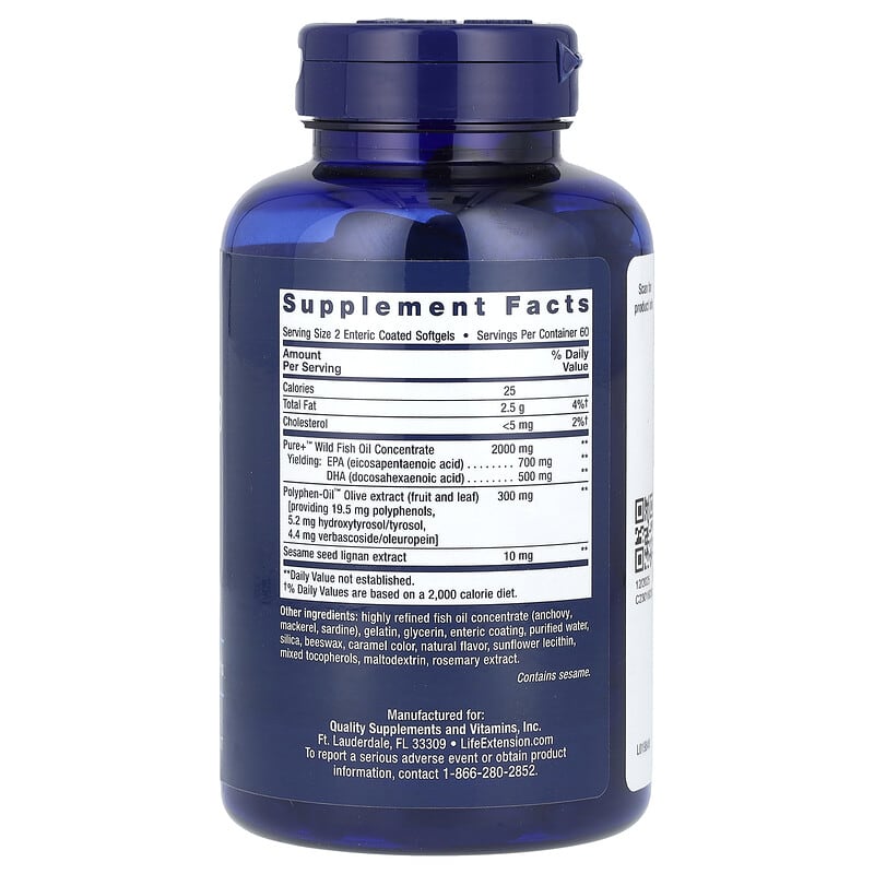 Life Extension Super Omega-3 EPA/DHA Fish Oil+Sesame Lignans&Olive Extract